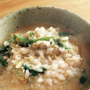 鍋の〆に★魚介スープで卵雑炊